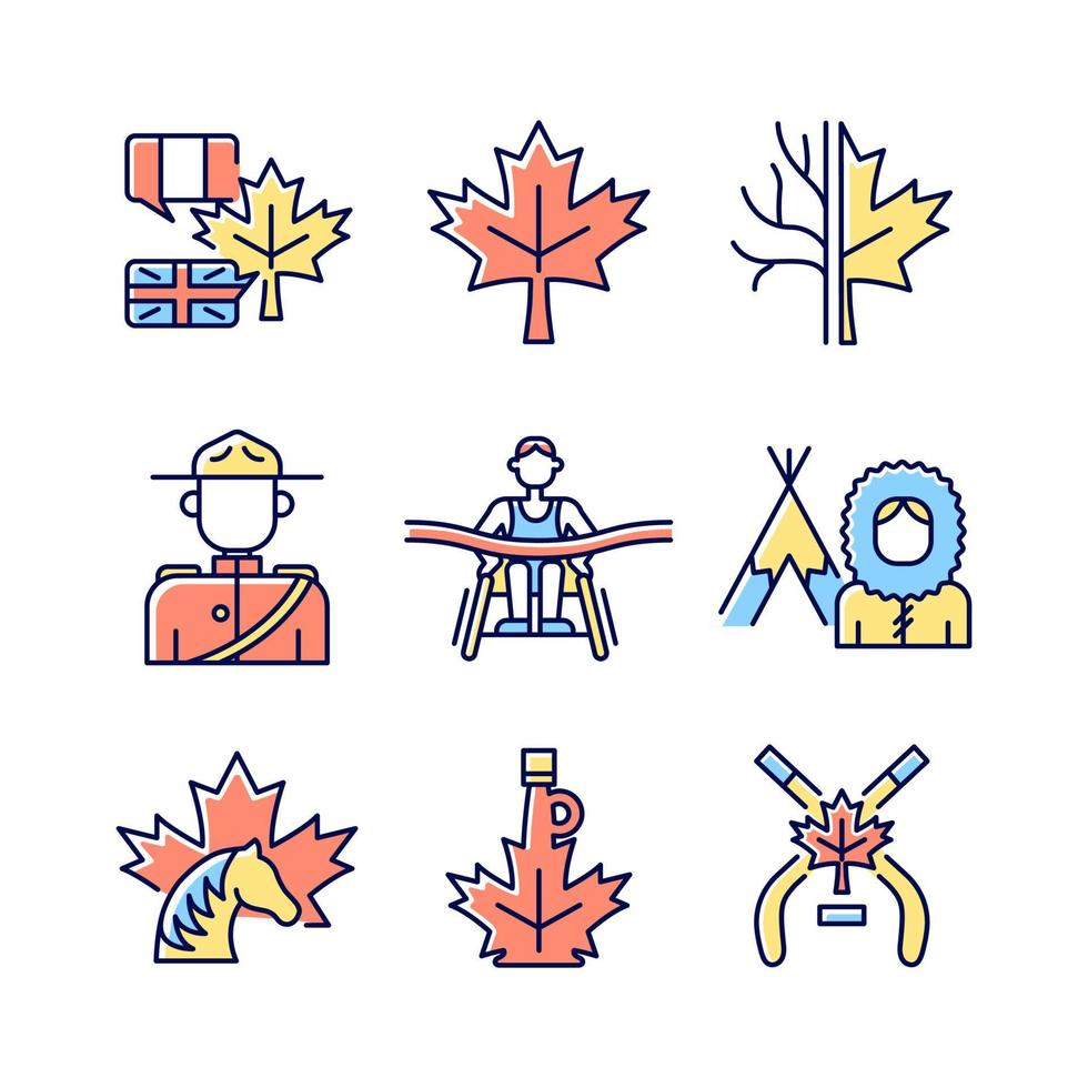 Canadese vertegenwoordiging rgb kleur iconen set. officiële land symbolen. belangrijke kenmerken van Canada. Nationaal erfgoed. geïsoleerde vectorillustraties. verzameling eenvoudige gevulde lijntekeningen vector