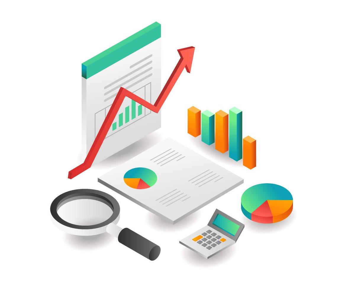 illustratie isometrisch concept. investeringen business audit analist data zoeken vector