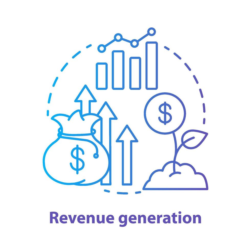 inkomsten generatie blauw concept icoon. inkomen verhogen idee dunne lijn illustratie. zakelijke ontwikkeling. spruit met dollar munt. financiering, budgettering. vector geïsoleerde overzichtstekening. bewerkbare streek