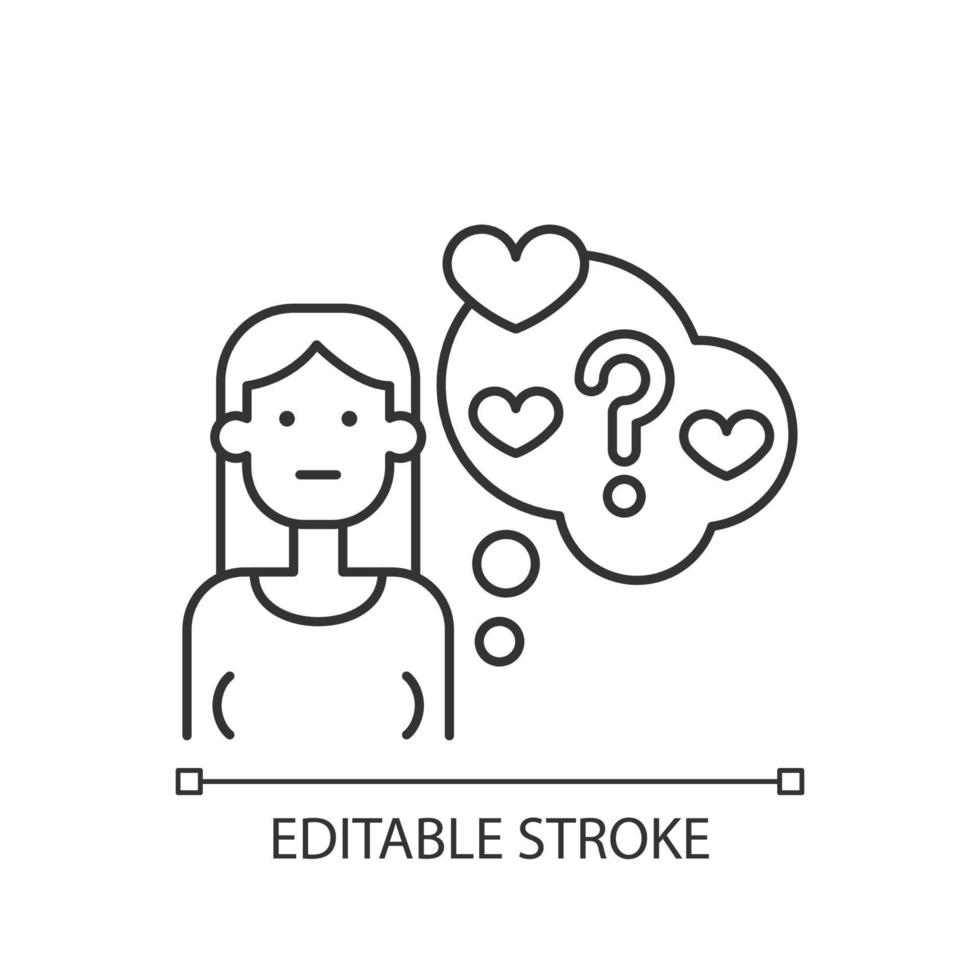 twijfelend stadium van lineaire relatiepictogram. meisje aarzelt over romantiek. vrouw die liefde in twijfel trekt. dunne lijn aanpasbare illustratie. contour symbool. vector geïsoleerde overzichtstekening. bewerkbare streek