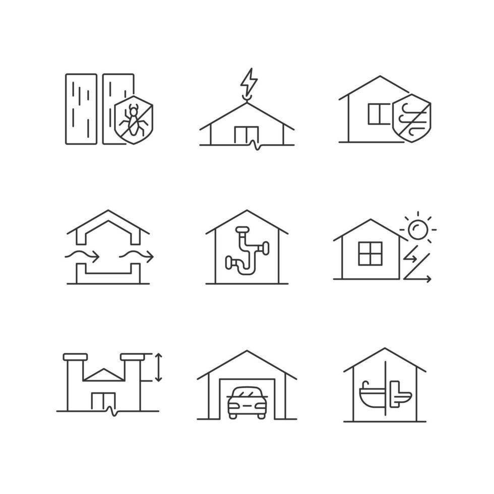 huisbouw normen lineaire pictogrammen instellen. plaagbestrijding. bliksemafleider. weersbestendigheid. aanpasbare dunne lijncontoursymbolen. geïsoleerde vectoroverzichtsillustraties. bewerkbare streek vector