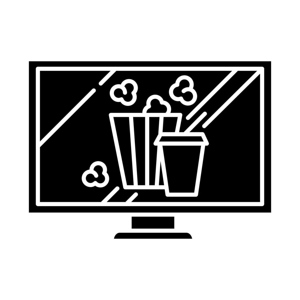 films en televisie glyph icoon. films, tv-programma's online bekijken. popcorn en drankjes. e-commerceafdeling, winkelcategorieën. silhouet symbool. negatieve ruimte. vector geïsoleerde illustratie