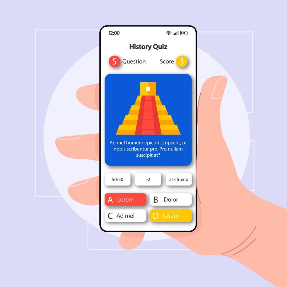 geschiedenis kennis check smartphone interface vector sjabloon. mobiele app pagina wit ontwerp lay-out. historisch quizscherm. platte ui voor toepassing. hand met telefoon met vraag, antwoorden op het display