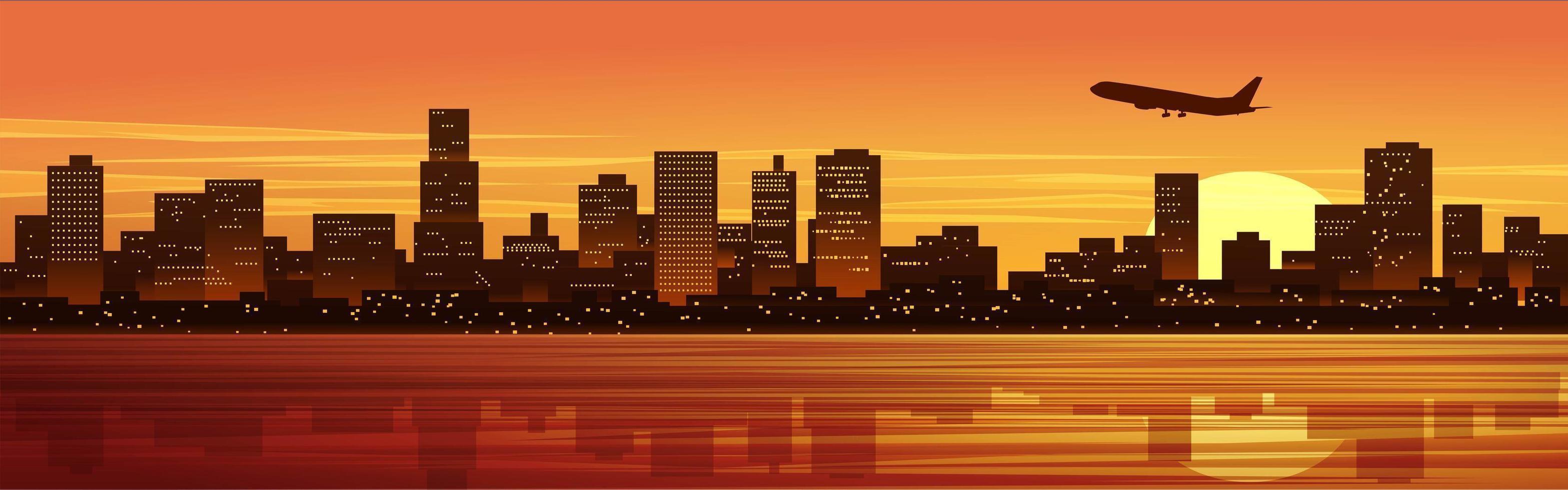 illustratie van de stad bij zonsondergang vector