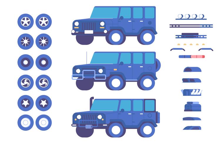 Jeep auto-onderdelen maatwerk mod illustratie set vector