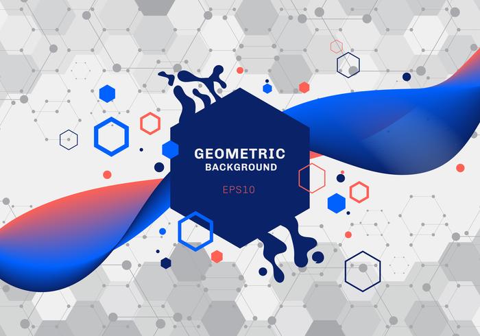 Abstracte samenstelling van geometrische vormen en plons blauwe en oranje zeshoeken patroon molecuul met vloeiende kleurverloop kleur stroomt op witte achtergrond. Elementen voor ontwerpsjabloon moderne communicatie, geneeskunde, wetenschap en digitale te vector