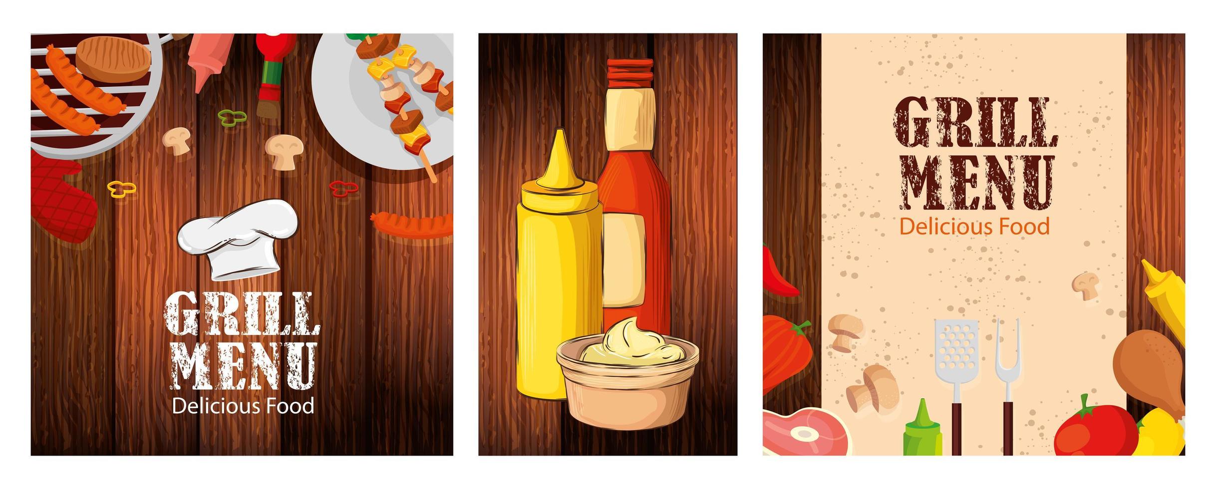 set poster van grillmenu met heerlijk eten op houten achtergrond vector