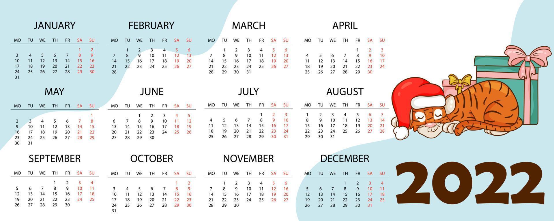 kalenderontwerpsjabloon voor 2022, het jaar van de tijger volgens de chinese of oosterse kalender, met een illustratie van de tijger. horizontale tafel met kalender voor 2022. vector