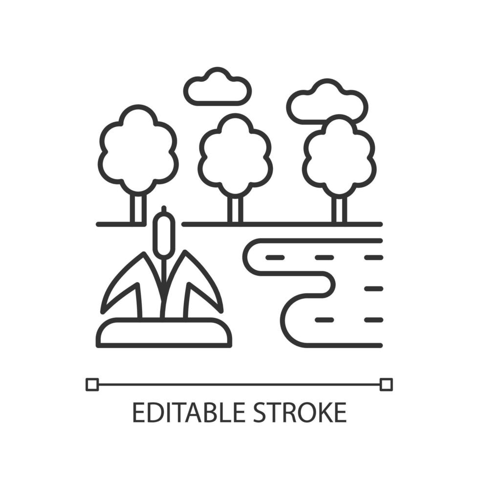 wetland lineaire pictogram. met water bedekt landtype. natte landvorm. moeras en veengebied. aquatisch terrein. dunne lijn aanpasbare illustratie. contour symbool. vector geïsoleerde overzichtstekening. bewerkbare streek