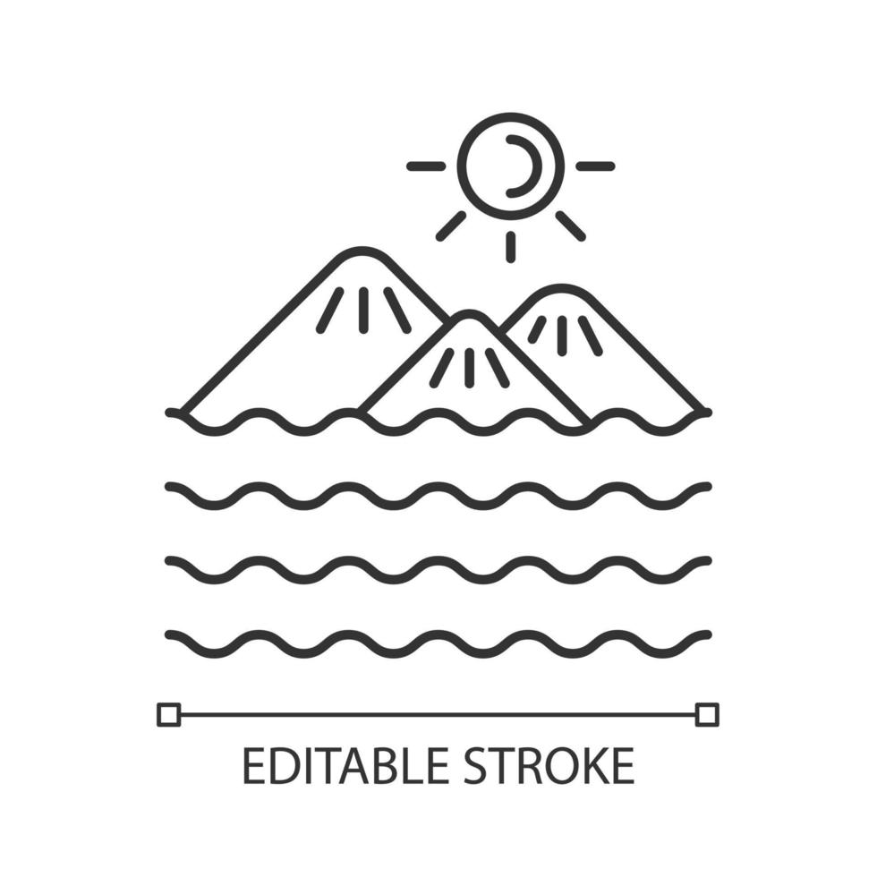 eiland lineaire pictogram. land omringd door water. grondstuk in zee en oceaan. eilandje, skerry. dunne lijn aanpasbare illustratie. contour symbool. vector geïsoleerde overzichtstekening. bewerkbare streek