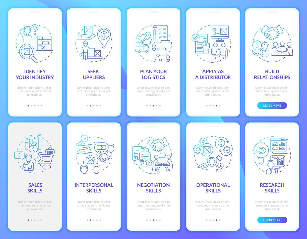 startende groothandel in onboarding mobiele app-paginaschermset. strategie walkthrough 5 stappen grafische instructies met concepten. ui, ux, gui vectorsjabloon met lineaire kleurenillustraties vector