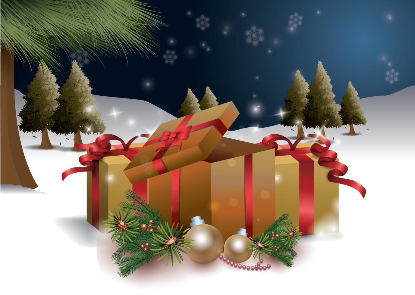 gouden kerstballen, geschenkdozen en dennenboom op sneeuwachtergrond vector