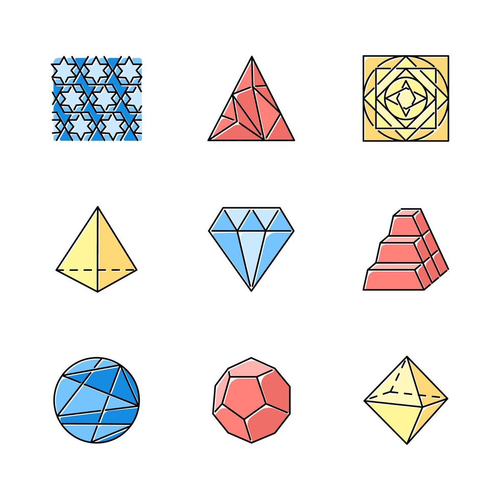 geometrische figuren kleur iconen set. abstracte vormen. isometrische vormen. geometrische sieraad. veelhoekige driehoek. prisma model. dubbele piramide. sier plein. omlijnde cirkel. geïsoleerde vectorillustraties vector