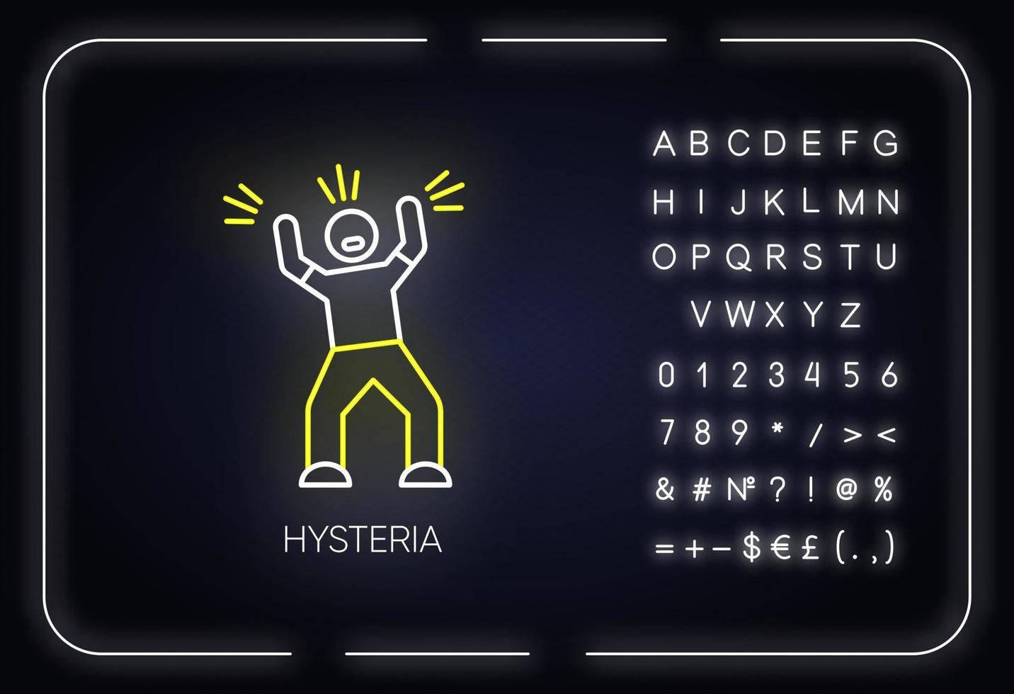 hysterie neonlicht icoon. spanning. persoon schreeuwen. man schreeuwen. woede en frustratie. prikkelbaarheid. mentale stoornis. gloeiend bord met alfabet, cijfers en symbolen. vector geïsoleerde illustratie