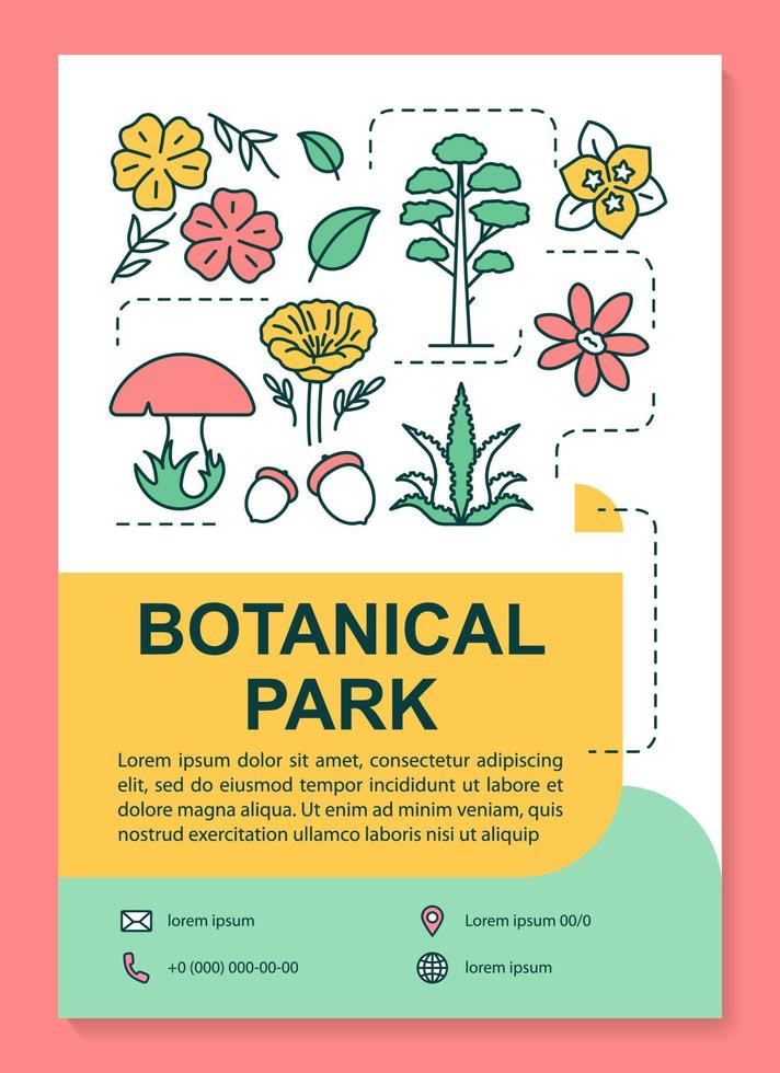 botanische park poster sjabloon lay-out. bloemen en planten. bos gebladerte. banner, boekje, folder afdrukontwerp met lineaire pictogrammen. vectorbrochure paginalay-outs voor tijdschriften, reclamefolders vector