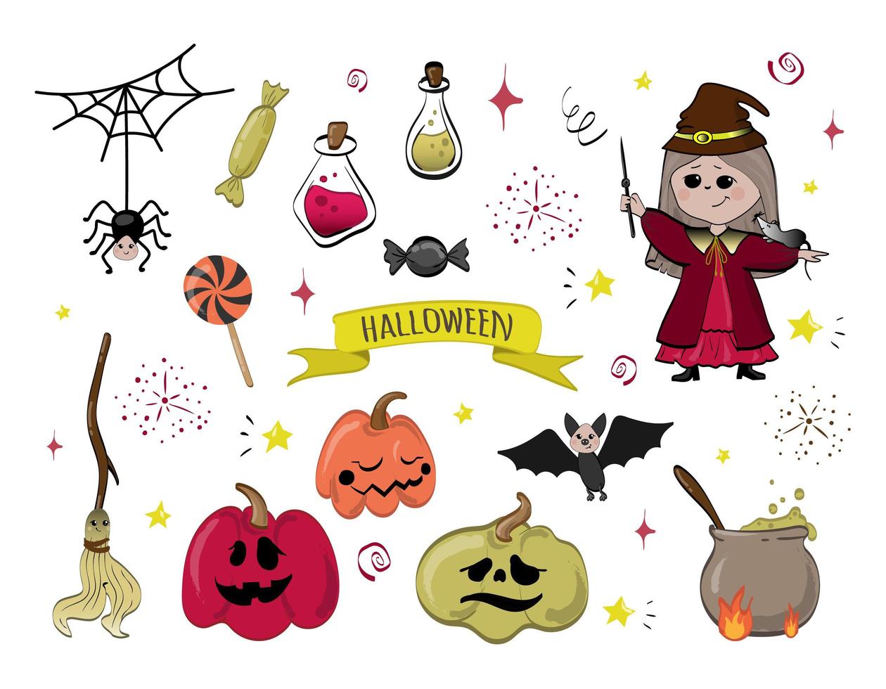 halloween clipart set met schattige stripfiguren, pompoenen en andere vakantiesymbolen vector