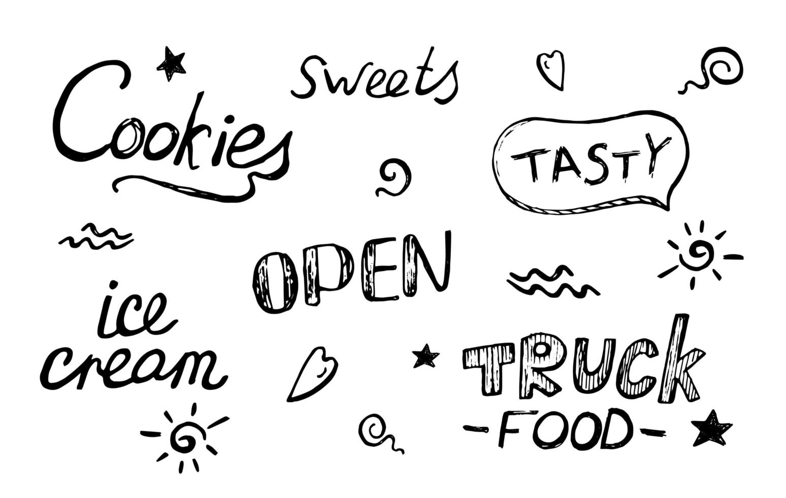 hand getrokken doodle belettering food truck, snoep, lekker, koekjes, ijs op een witte achtergrond. vector