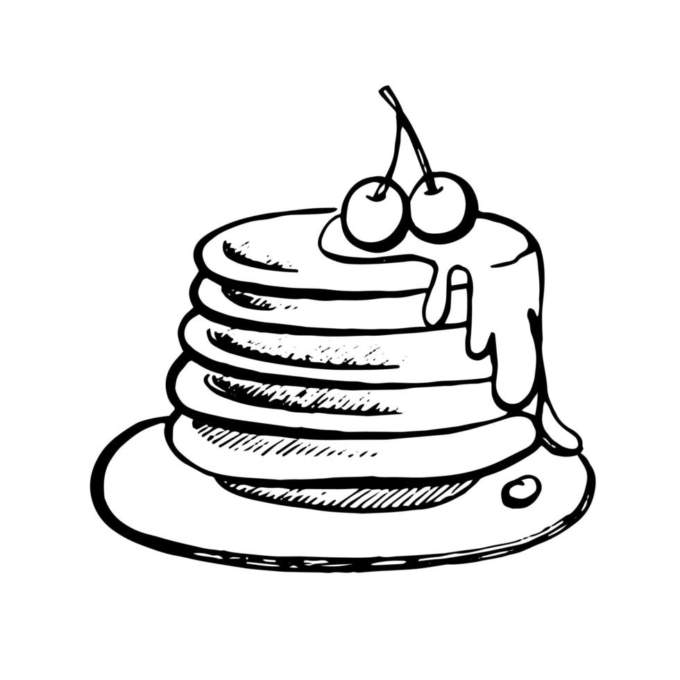 pannenkoeken met kersen op een bord in doodle-stijl. voor achtergronden, cafés en restaurants vector