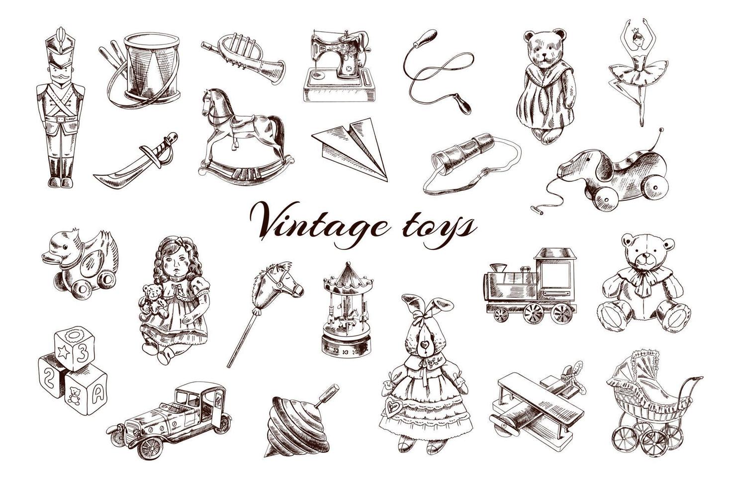een set handgetekende vintage speelgoed. schets vintage vectorillustratie. vintage schetselement voor het ontwerpen van etiketten, verpakkingen en kaarten. vector