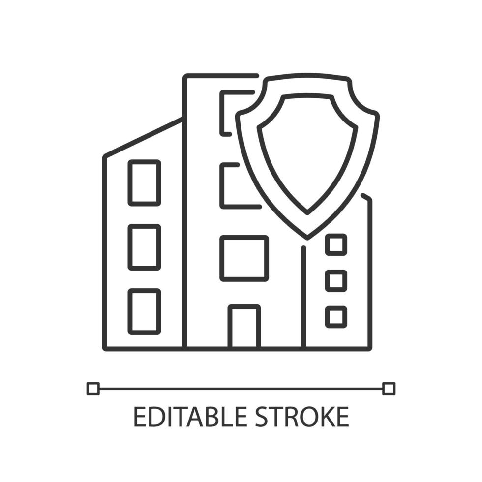 commerciële eigendom verzekering lineaire pictogram. onroerend goed verzekering. dunne lijn aanpasbare illustratie. contour symbool. vector geïsoleerde overzichtstekening. bewerkbare streek. arial lettertype gebruikt