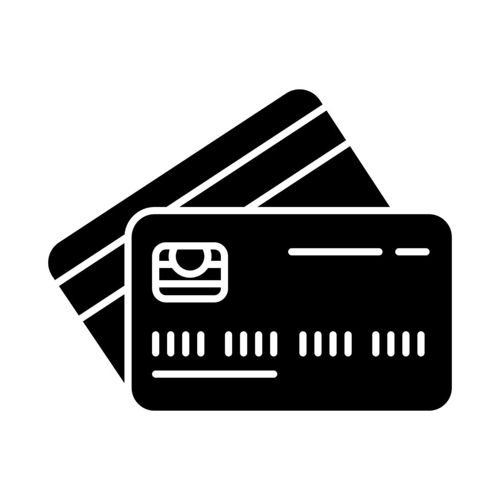 plastic creditcards glyph-pictogram. goederen online kopen. betalen zonder contant geld. kredietbankrekening. lenen, geld lenen. openstaande storting. silhouet symbool. negatieve ruimte. vector geïsoleerde illustratie