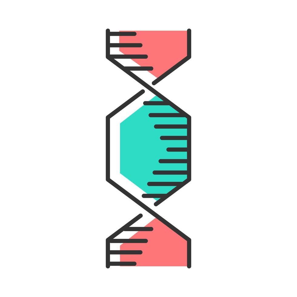 zeshoekig dna-helix kleurpictogram. deoxyribonucleïnezuur, nucleïnezuurstructuur. spiraalvormige strengen. chromosoom. moleculaire biologie. genetische code. genoom. genetica. geïsoleerde vectorillustratie vector