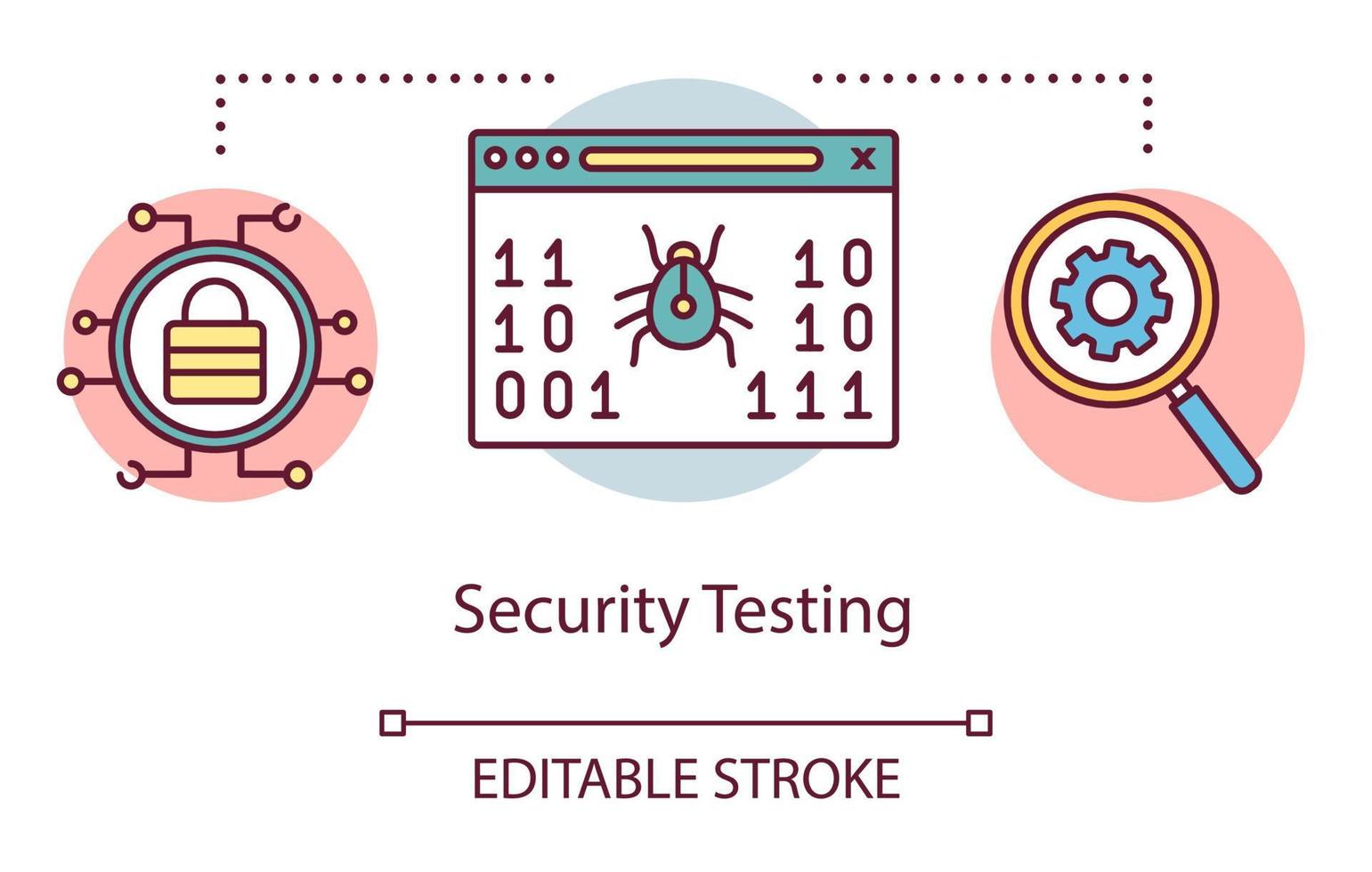 veiligheidstest concept icoon. onderzoeken computer bescherming idee dunne lijn illustratie. softwaretestproces. problemen en problemen aangeven. vector geïsoleerde overzichtstekening. bewerkbare streek