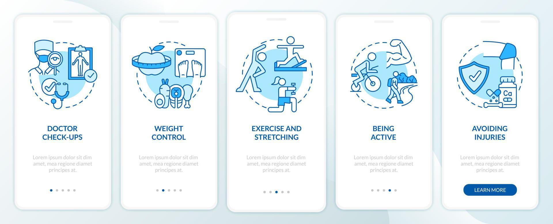 risico op vermindering van artritis blauw onboarding-paginascherm voor mobiele apps. wanorde voorkomen walkthrough 5 stappen grafische instructies met concepten. ui, ux, gui vectorsjabloon met lineaire kleurenillustraties vector