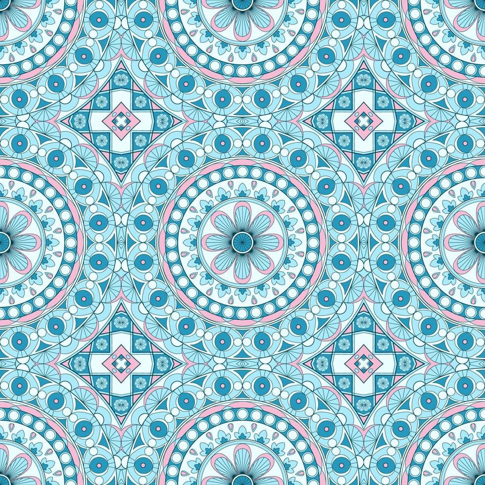 etnische strakke vector patroon. blauwe ruit en cirkel mandala's. kan worden gebruikt voor het ontwerpen van stof, hoezen, behang, tegels.