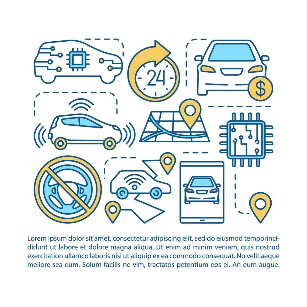 driverless taxi artikel pagina vector sjabloon. robot auto huren. brochure, tijdschrift, boekje ontwerpelement met lineaire pictogrammen en tekstvakken. print ontwerp. conceptillustraties met tekstruimte