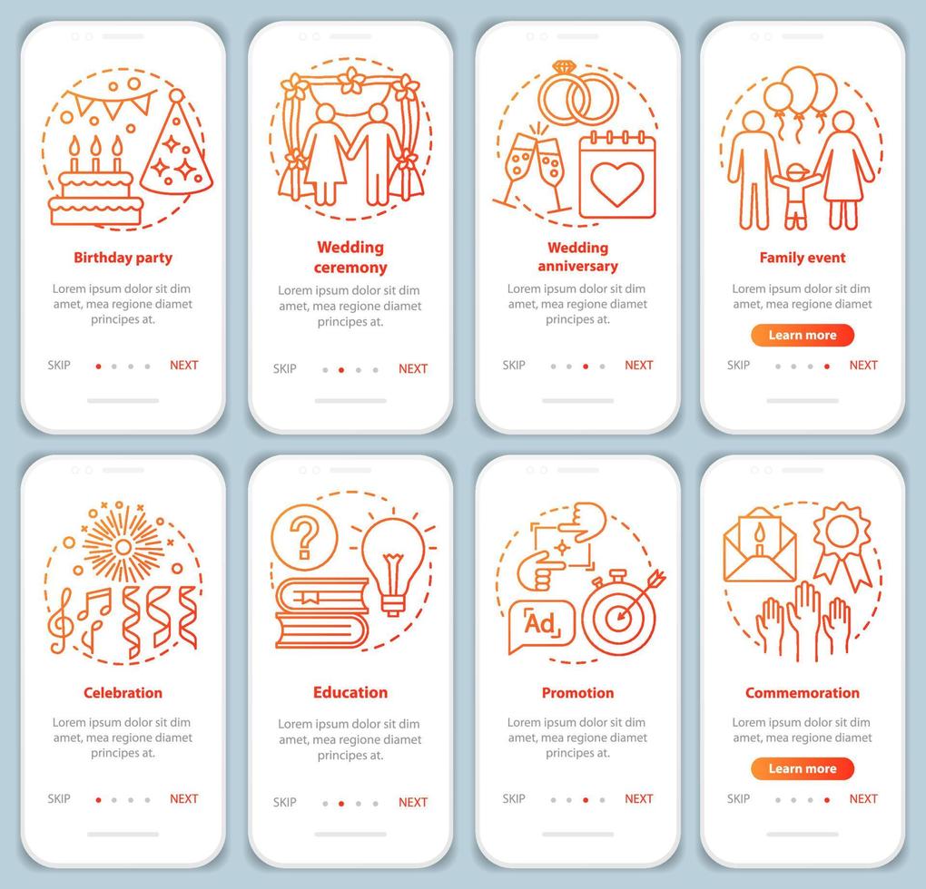 speciaal evenementbeheer onboarding mobiele app-paginascherm met lineaire concepten. feestplanner. grafische instructies voor vakantieviering. ux, ui, gui vectorsjablonen ingesteld met illustratie vector