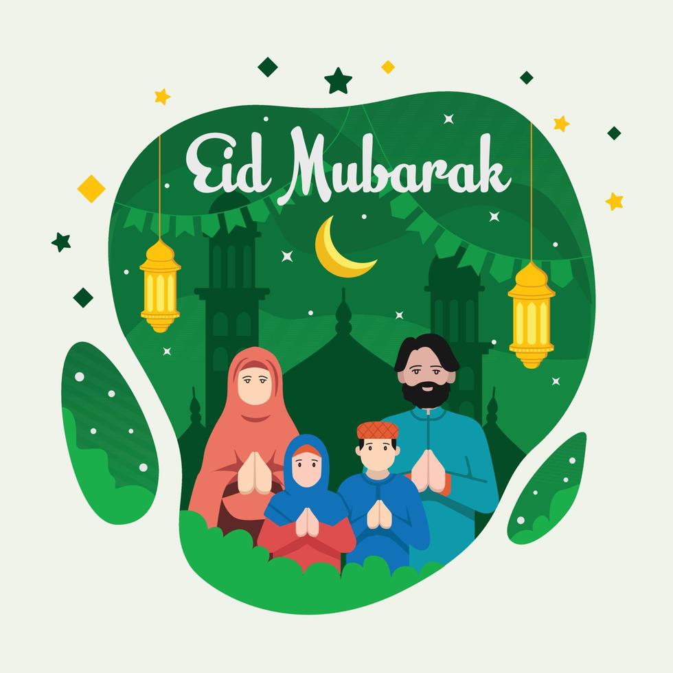 vlakke afbeelding eid mubarak familie moslim viering samenkomen vector