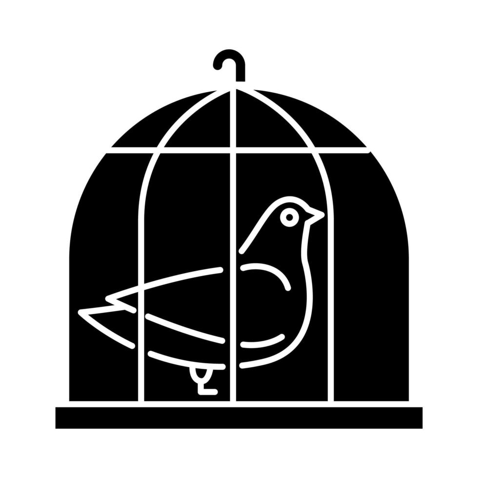 duif in kooi glyph icoon. gevangen vogel. voorbode van vrede. nachtegaal in gevangenschap. bijbel verhaal. christelijk symbool van zuiverheid. silhouet symbool. negatieve ruimte. vector geïsoleerde illustratie