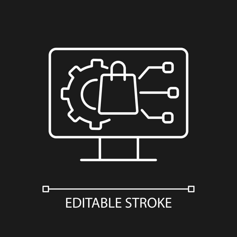 digitaal productbeheer wit lineair pictogram voor donker thema. ontwikkeling van de productlevenscyclus. dunne lijn aanpasbare illustratie. geïsoleerd vectorcontoursymbool voor nachtmodus. bewerkbare streek vector