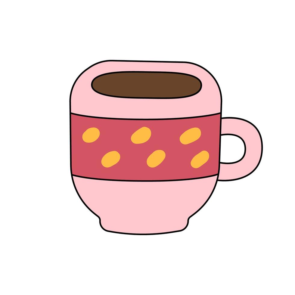 roze kop met thee of koffie. vector icoon in doodle stijl. mok warme drank. teken voor coffeeshop en webdesign. illustratie geïsoleerd op witte achtergrond