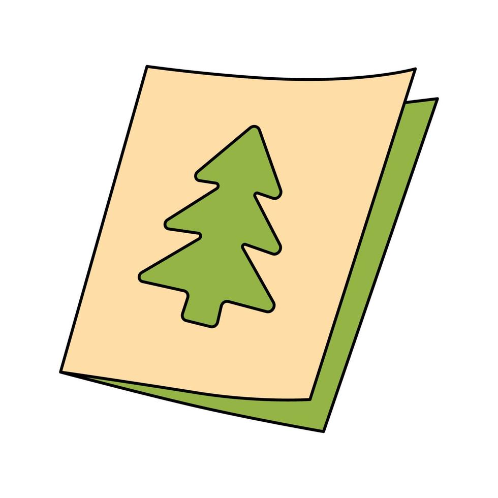 kerstwenskaart met dennenboom in cartoonstijl. kleurrijke vectorillustratie geïsoleerd op een witte achtergrond vector