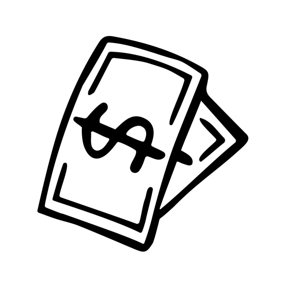 geld bankbiljet of dollarbiljet pictogram in doodle stijl. hand getekend zwart logo van contant geld geïsoleerd op een witte achtergrond. vector