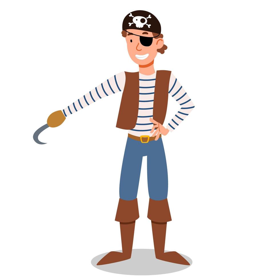 een piratenfiguur in een pak in een bandana zonder hand en met een ooglapje. vector