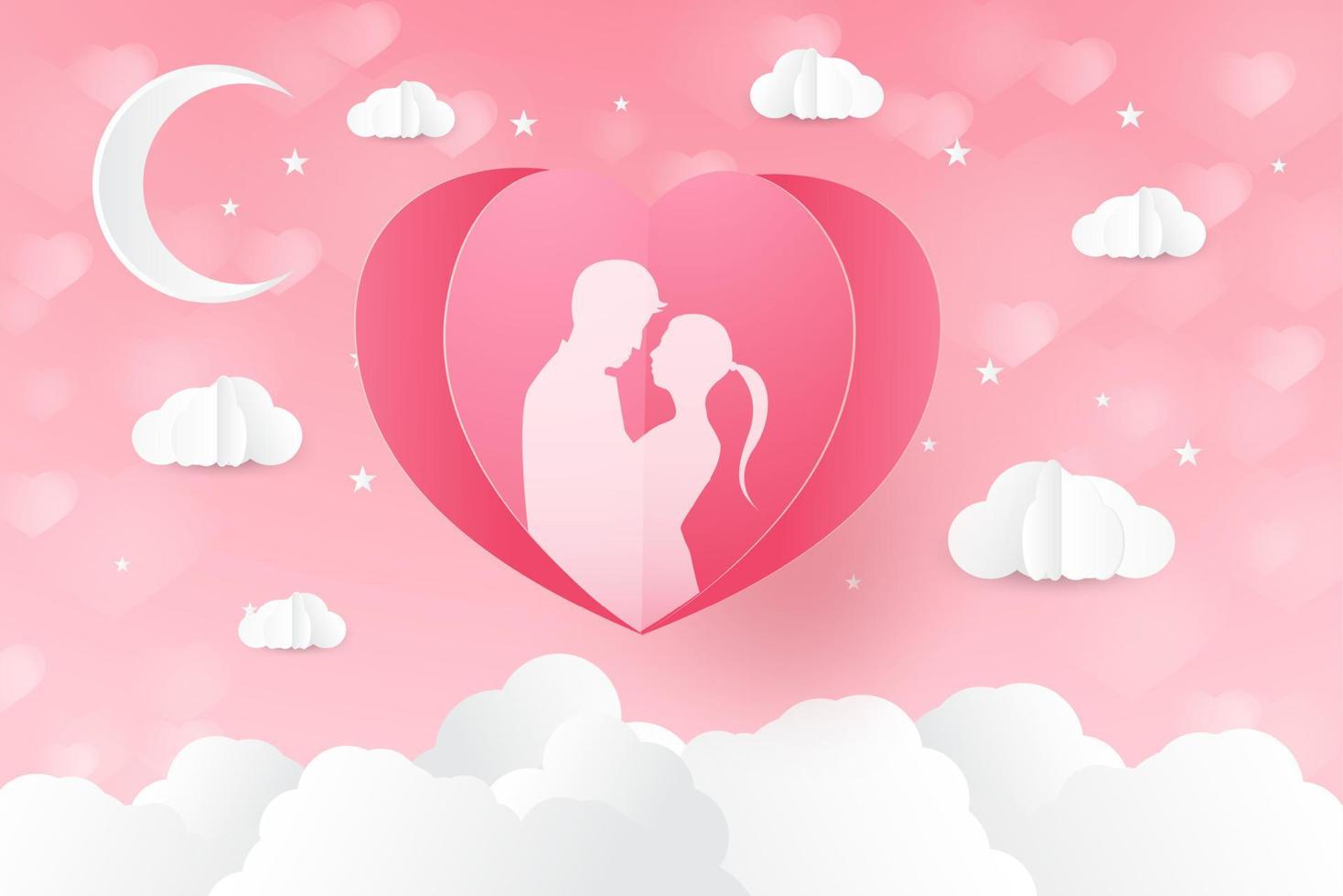 liefde en valentijnsdag, geliefden staan en een papieren hartvormige ballon die in de lucht zweeft. ambachtelijke stijl. vector