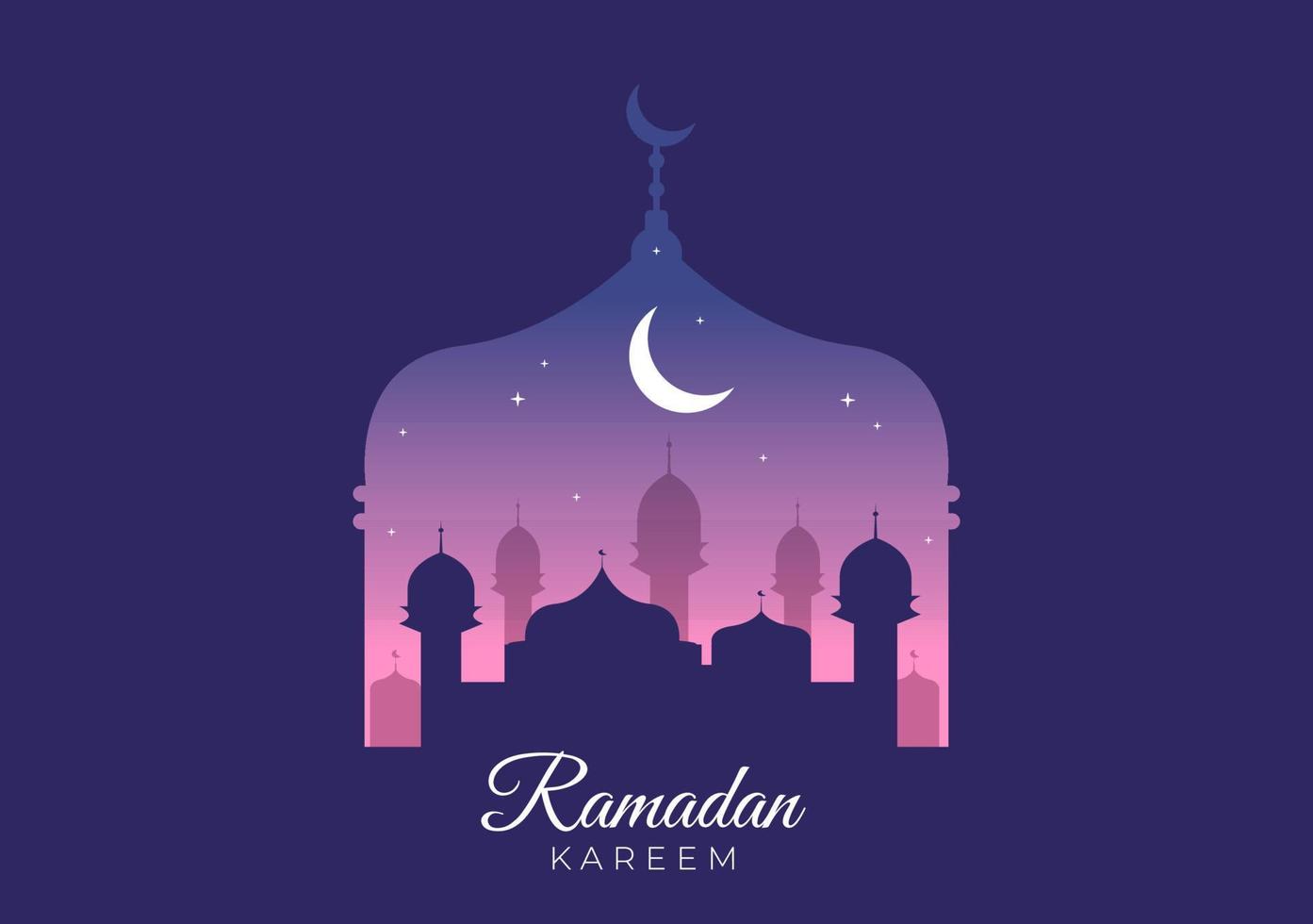 ramadan kareem met moskee, lantaarns en maan in platte achtergrond vectorillustratie voor religieuze vakantie islamitische eid fitr of adha festival spandoek of poster vector