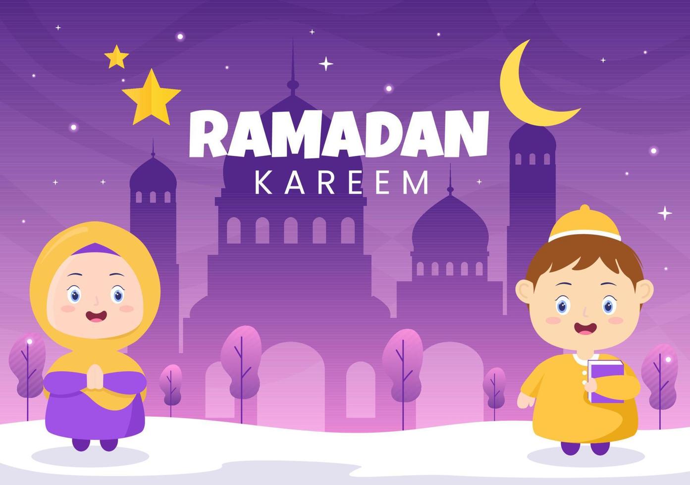 ramadan kareem met mensen, moskee, lantaarns en maan in platte achtergrond vectorillustratie voor religieuze vakantie islamitische eid fitr of adha festival spandoek of poster vector
