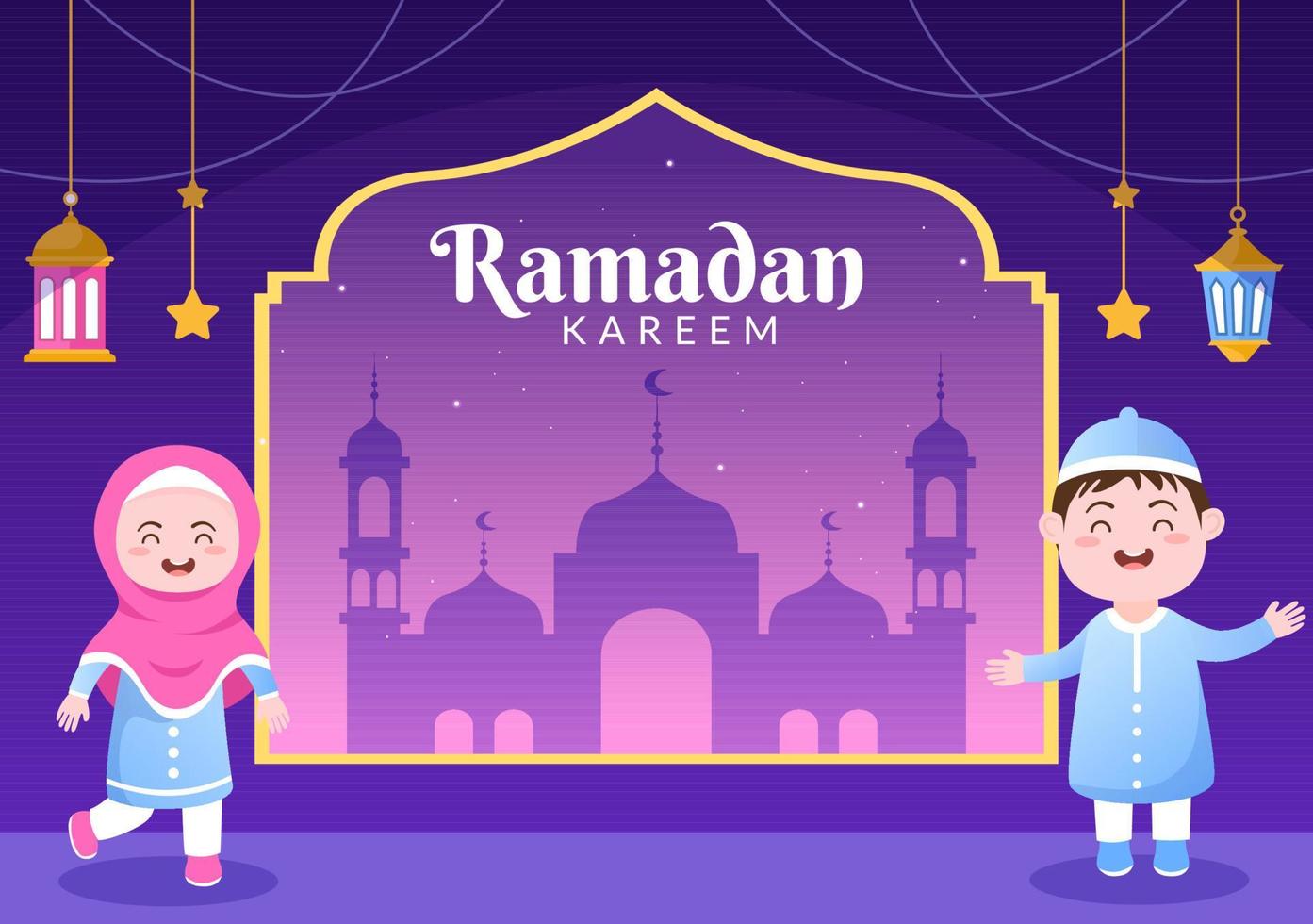 ramadan kareem met mensen, moskee, lantaarns en maan in platte achtergrond vectorillustratie voor religieuze vakantie islamitische eid fitr of adha festival spandoek of poster vector
