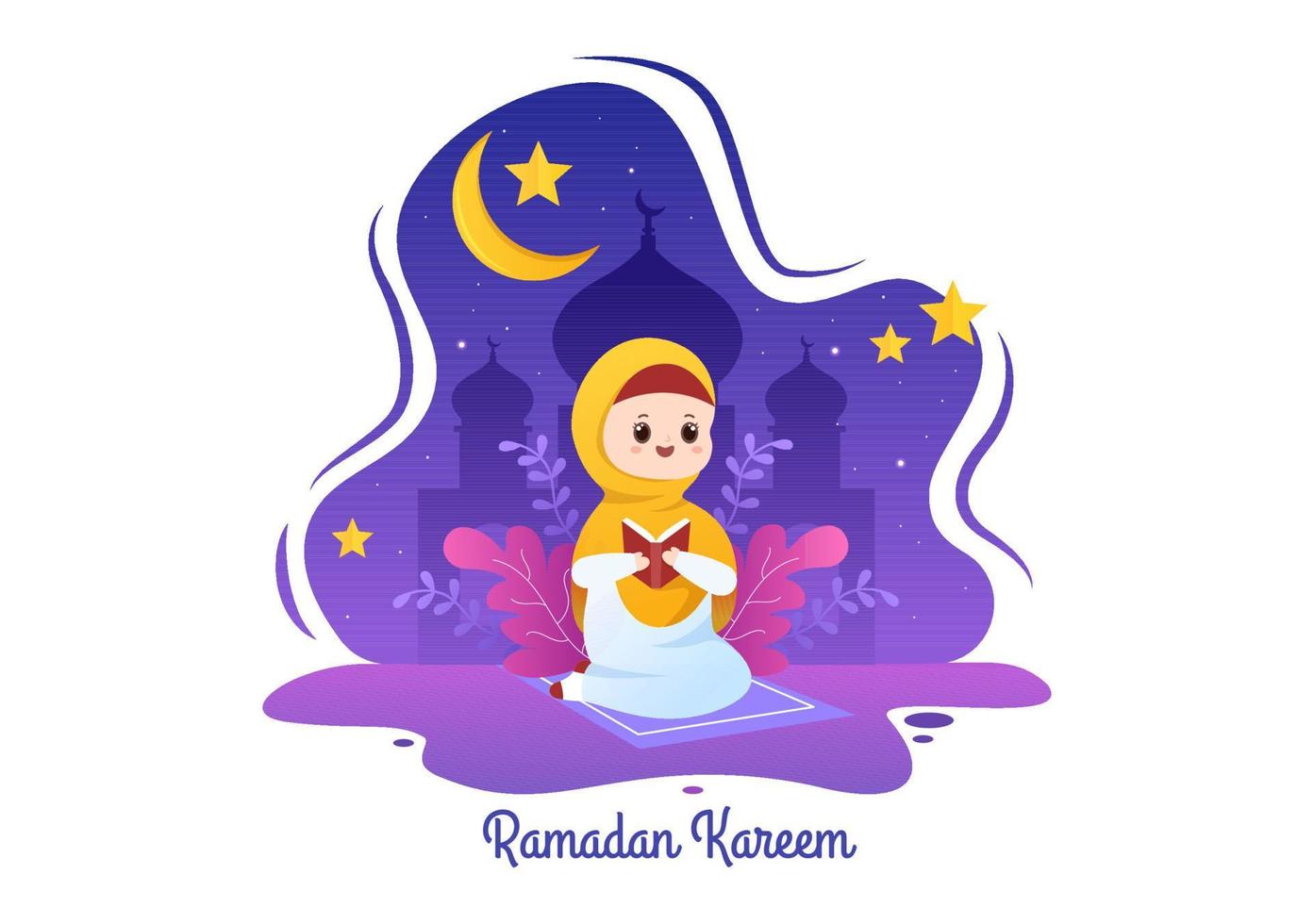 ramadan kareem met biddende persoon karakter in platte achtergrond vectorillustratie voor religieuze vakantie islamitische eid fitr of adha festival spandoek of poster vector