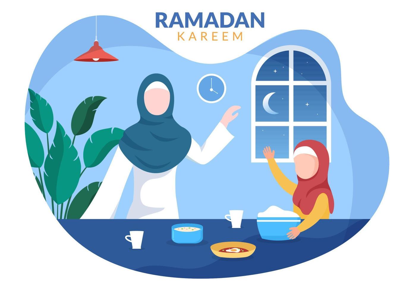 ramadan kareem met het breken van het vasten, iftar of sahur in platte achtergrond vectorillustratie voor religieuze vakantie islamitische eid fitr en adha festival spandoek of poster vector