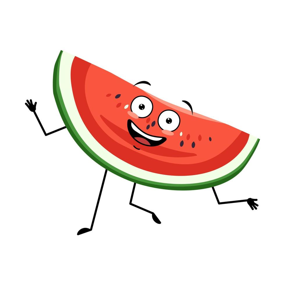 watermeloenkarakter met gekke gelukkige emotie, vrolijk gezicht, glimlachogen, dansende armen en benen. persoon met een gelukkige uitdrukking, fruit- of bessen-emoticon. platte vectorillustratie vector