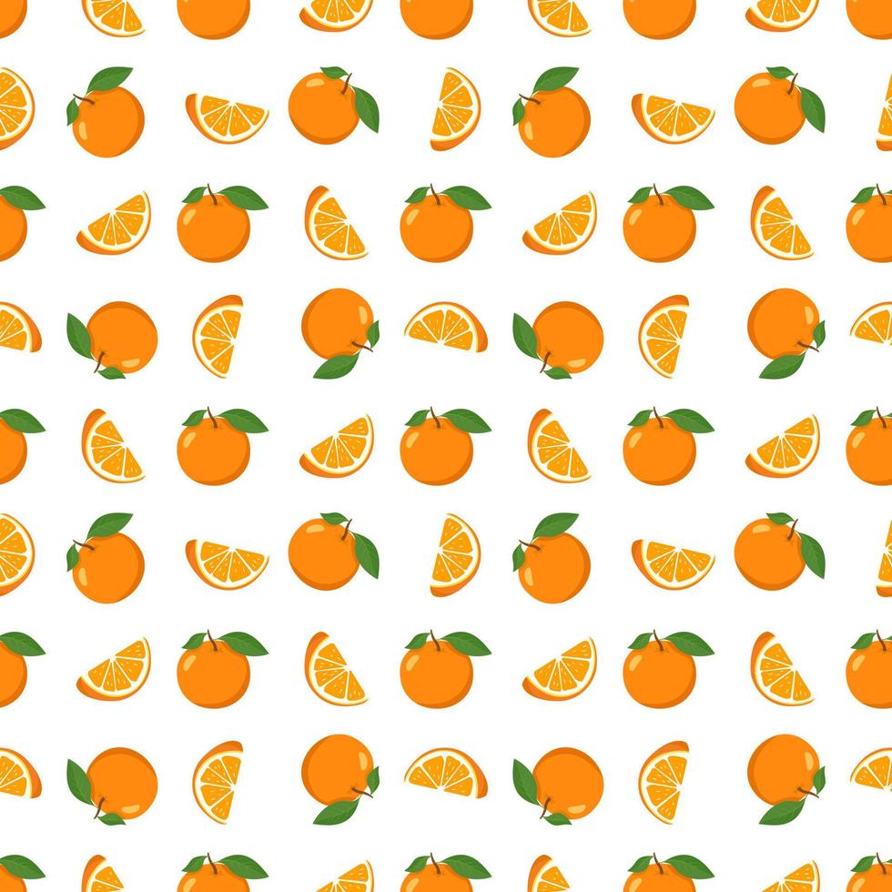 naadloze heldere lente en zomer patroon met sinaasappelen en plakjes op een witte achtergrond. een set citrusvruchten voor een gezonde levensstijl. platte vectorillustratie van gezond voedsel vector