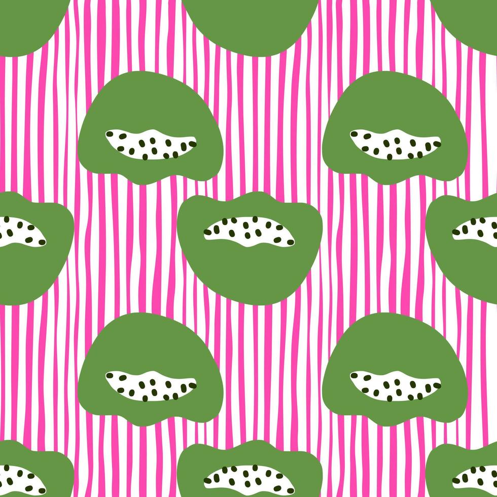 naïef kinderachtig naadloos patroon met groene abstracte vormensilhouetten. roze en wit gestreepte achtergrond. vector