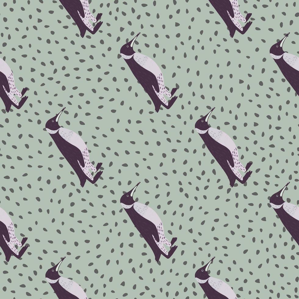 cartoon kinderachtig naadloos patroon met bleke paarse pinguïns print. lichtgroene gestippelde achtergrond. vector