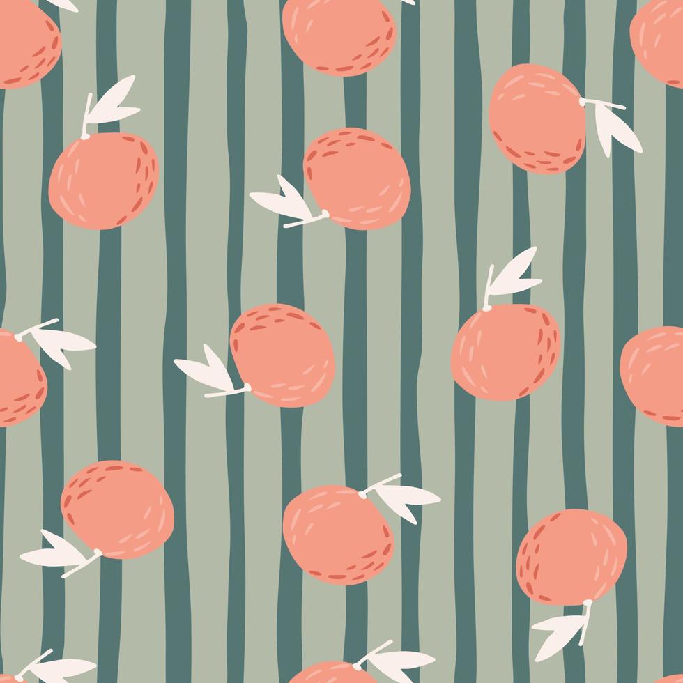 gestileerd fruit naadloos patroon met willekeurig geplaatste mandarijnelementen. roze gekleurde voedselvormen op grijs gestreepte achtergrond. vector