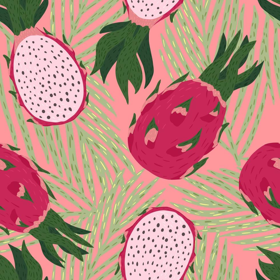 naadloze patroon dragon fruit op roze achtergrond. kleurrijk exotisch fruit, palmbladeren voor designstof. vector